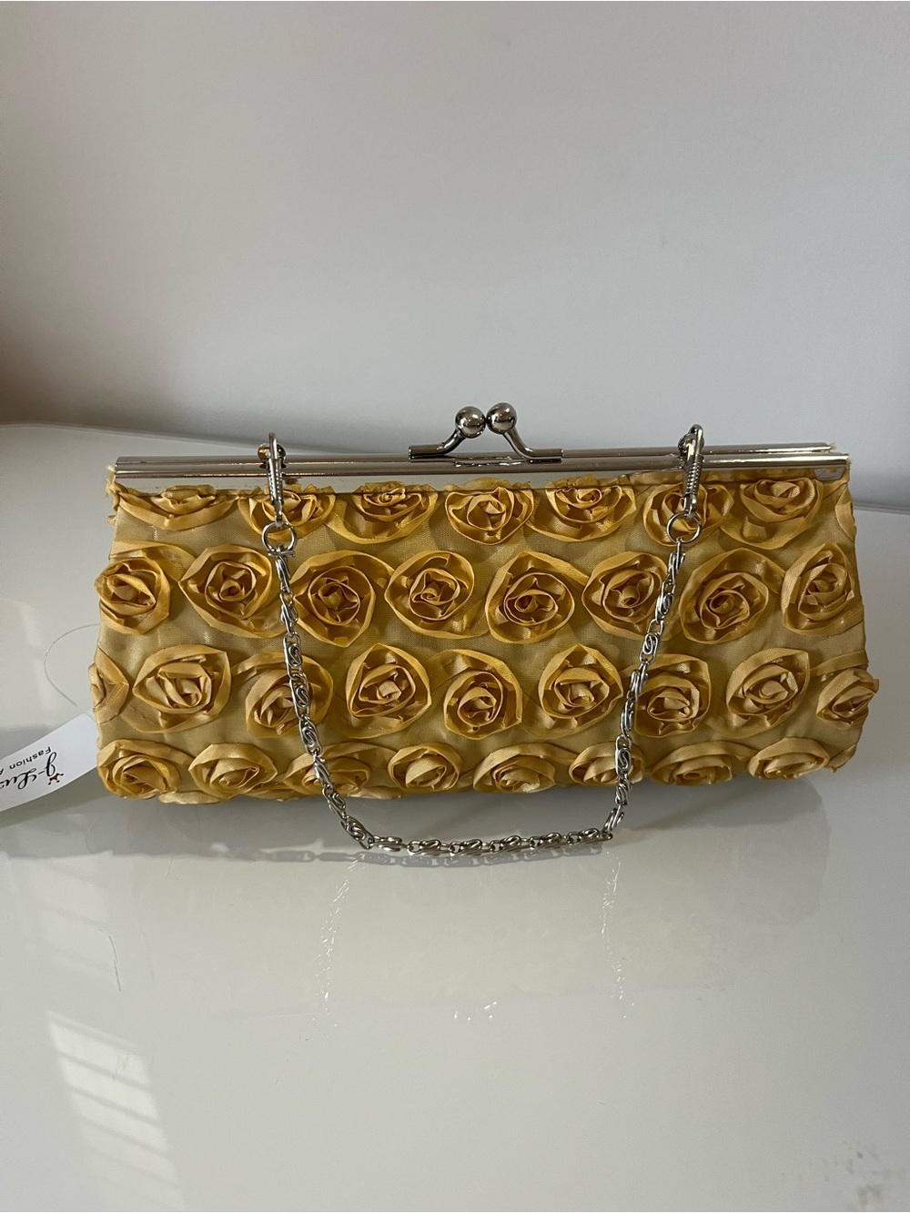 Gold Rosette Satin Clutch with Silver Chain and Kiss Lock Closure